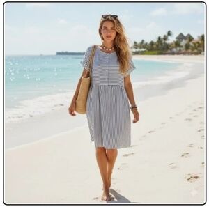 Laura Bianchi Navy White Striped Short Sleeve Dress Linen Size XS